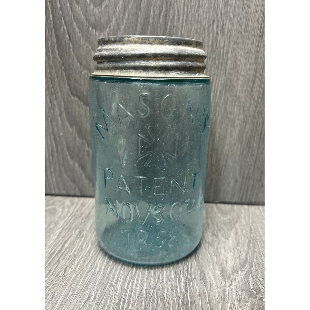 Antique Masons Patent Nov 30 1858 Aqua Glass Jar Hero Cross Boyd Milk Glass Lid